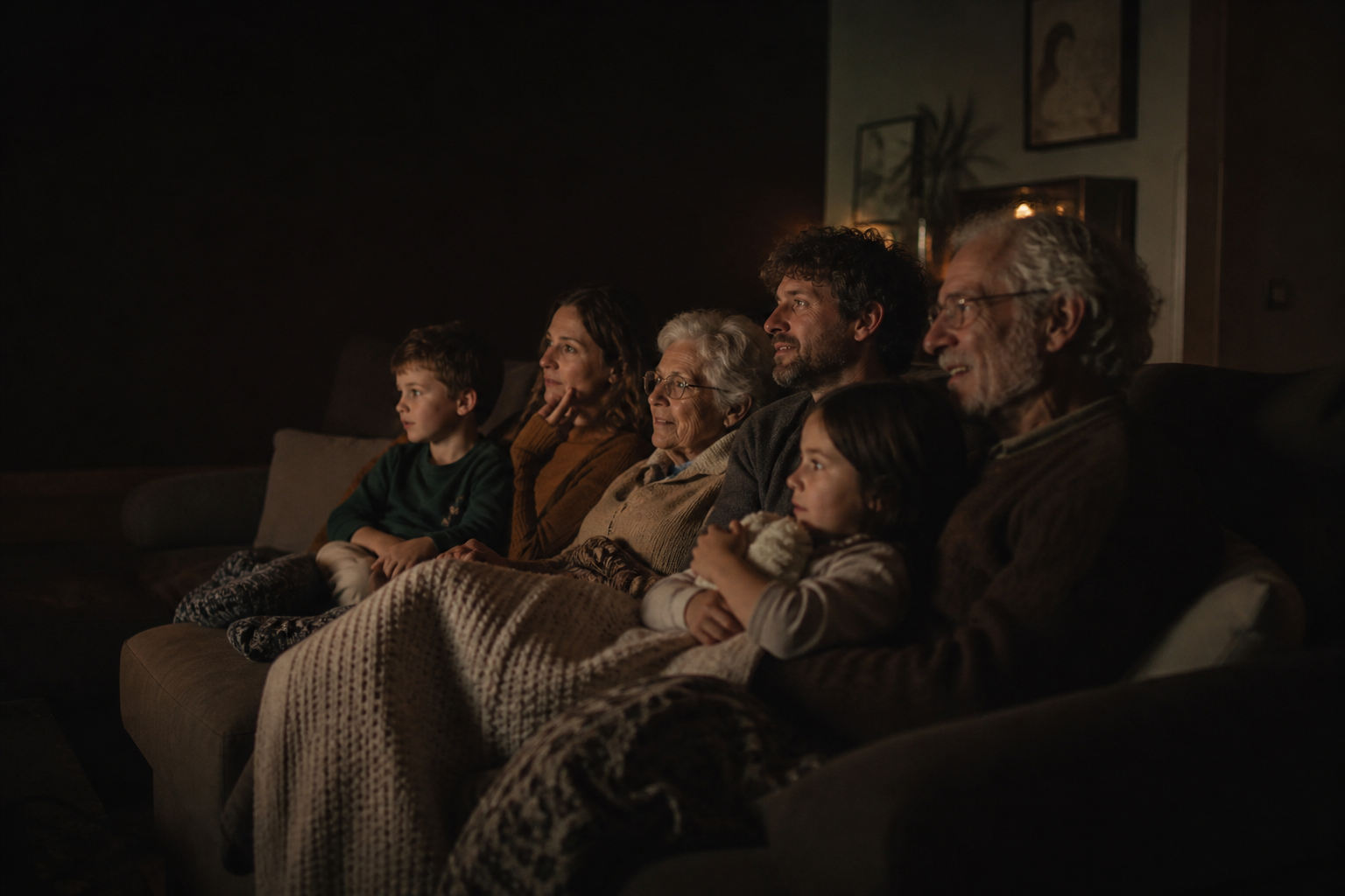 A family watching an old home video, faces lit only by the screen