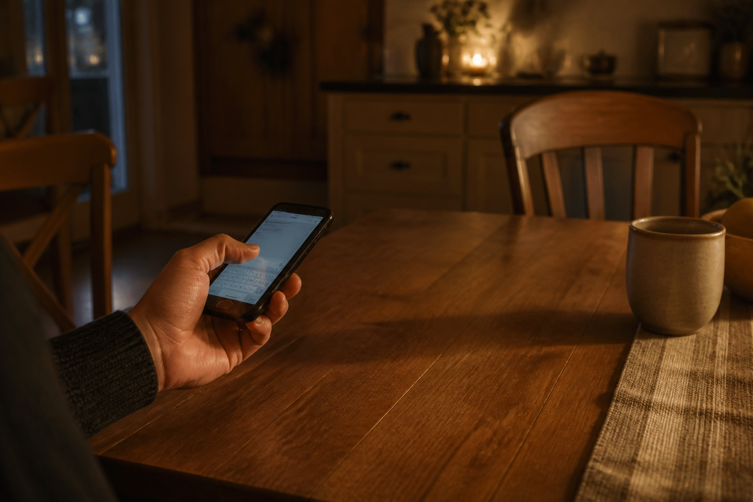 A parent sending a private invite from a phone at the kitchen table