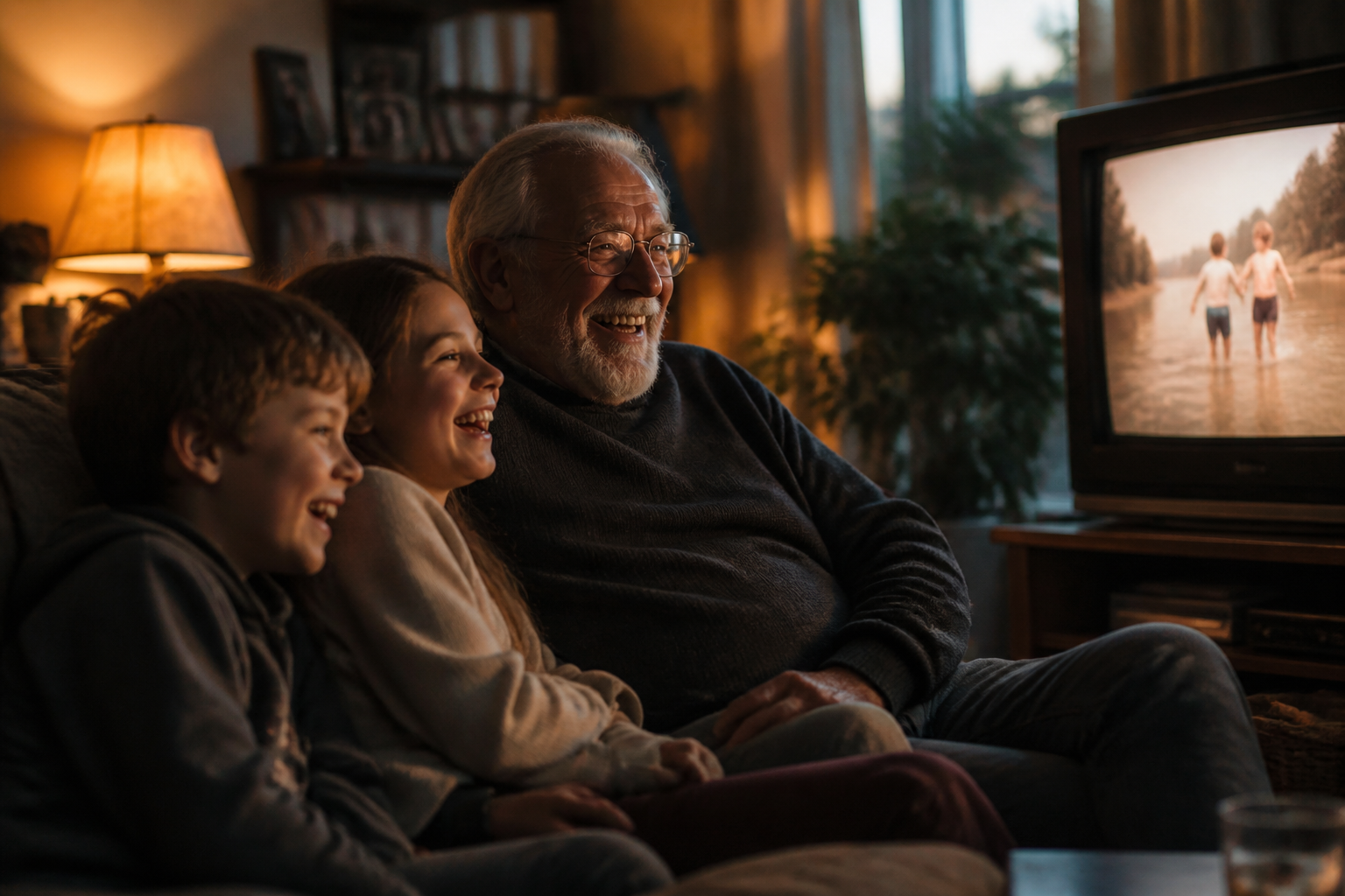 Family laughing at a short clip of an old summer