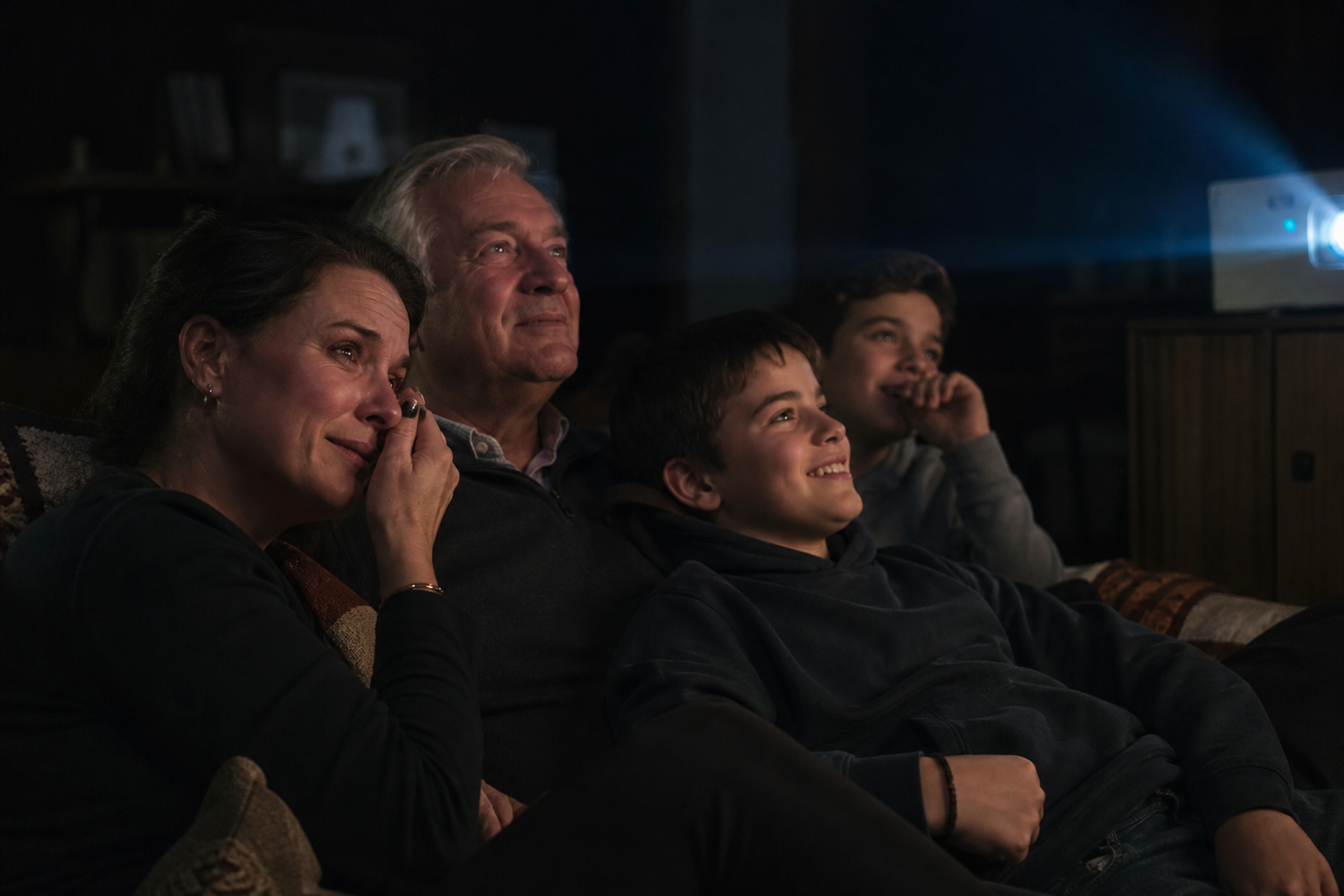 A family watching the full home movie together in a dark living room